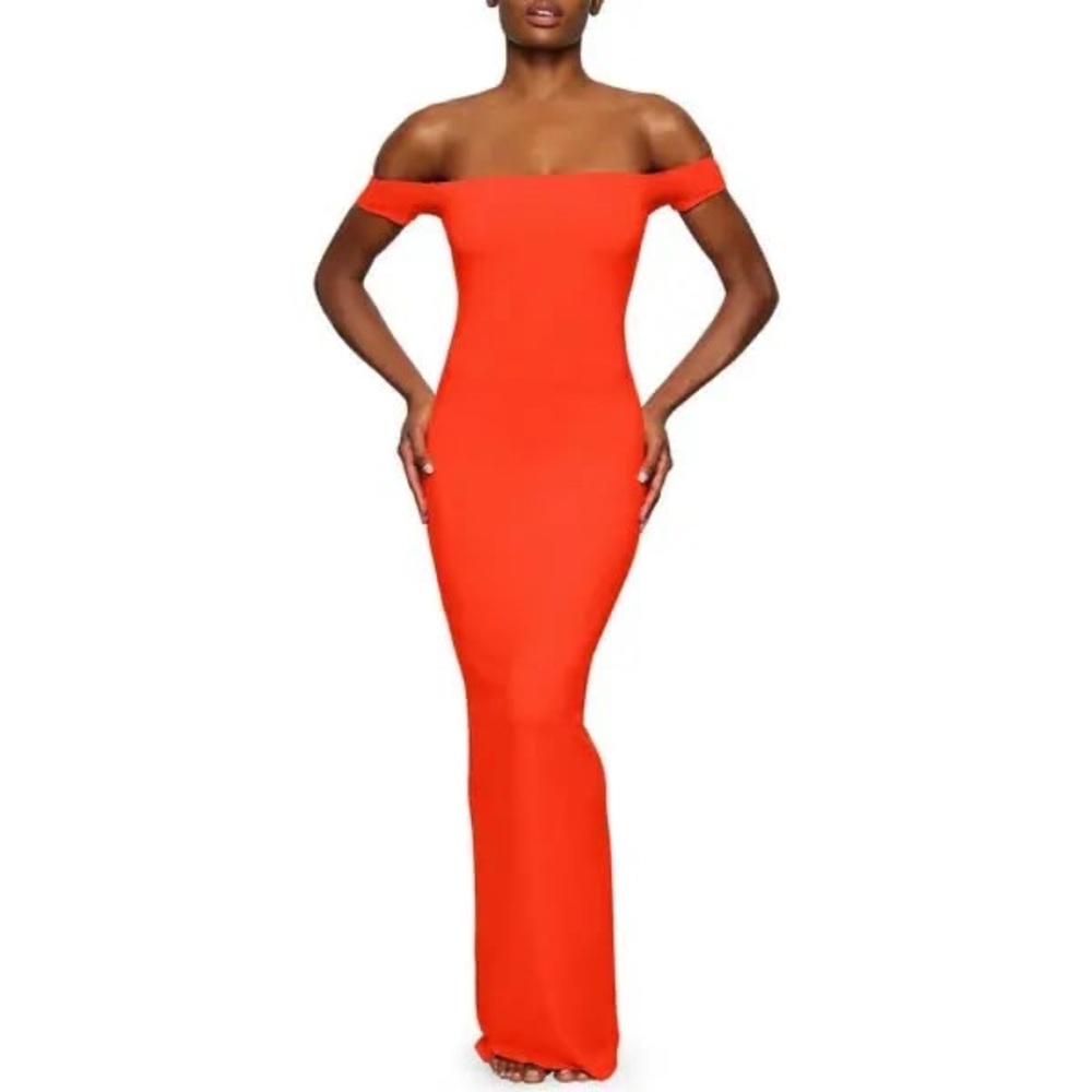 NWT Skims Soft Lounge Off-Shoulder Dress Fire/Orange Red size Small